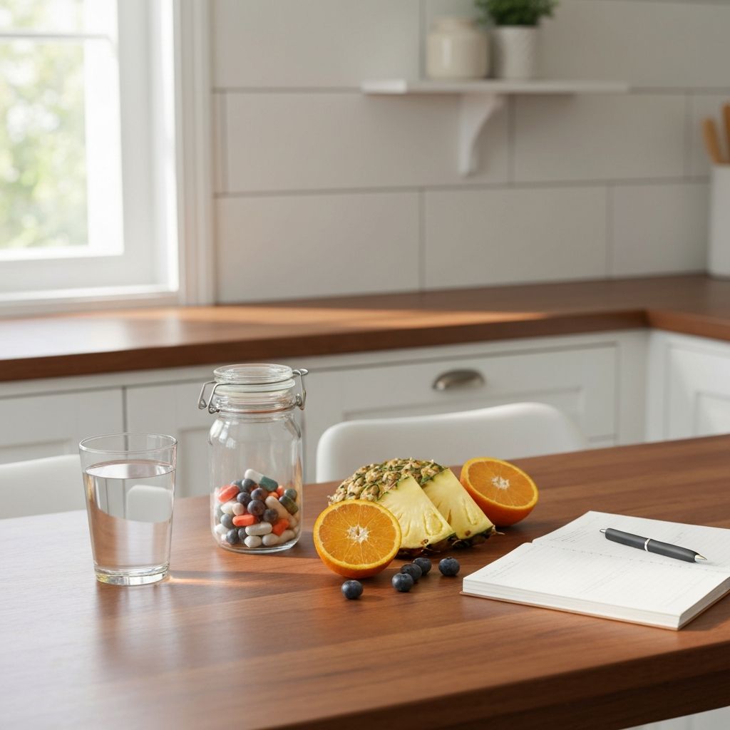 Küchentisch mit Wasser, Supplementdose, Obst und Planer