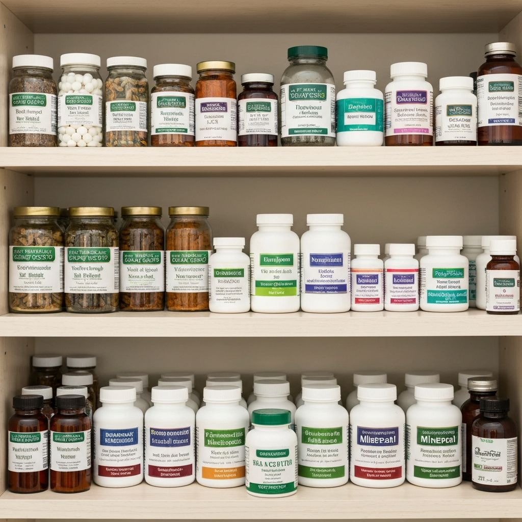 Sauberes Regal mit Dosen, Kapseln, Pulvern und Kräutern in Glasbehältern